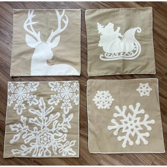 Deer Head SNOWFLAKES Pillow Case Cotton Linen Embroidered Cushions Covers 17x17 - Picture 1 of 3